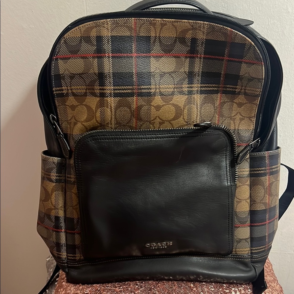 Men Coach Black and Brown Backpack with Monogram and Plaid Design